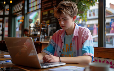 Teenager working outside the office with a laptop at a coffee shop Unlimited space for creating work.