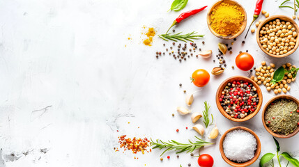 Assorted spices and legumes on white background