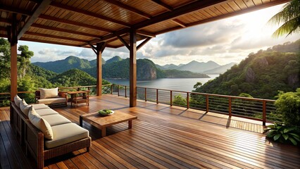 Balinese style timber deck overlooking islands