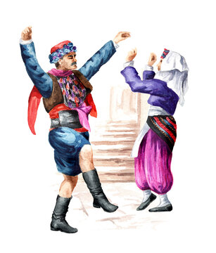 Couple of dancers in national costumes dancing Turkish Ottoman Anatolian Folk Zeybek Dance,, Hand drawn watercolor illustration,  isolated on white background