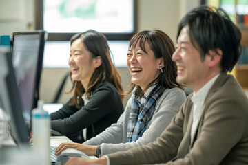 Three people are sitting at a desk with their arms crossed and smiling