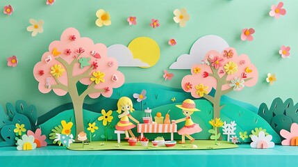 Diorama 3d z papieru przedstawiająca dwoje przyjaciół na pikniku wśród zieleni parku z mnóstwem kwiatów. - obrazy, fototapety, plakaty