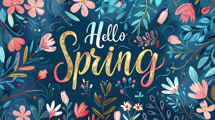 Na niebieskim tle widoczne są rysunkowe kwiaty oraz złoty napis „Hello Spring”. Kompozycja zachęca do przywitania wiosny.
