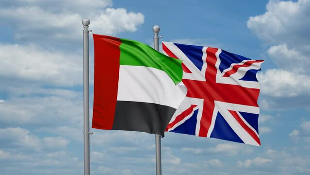 United Kingdom and United Arab Emirates or UAE two flags waving together, looped video, two country cooperation concept