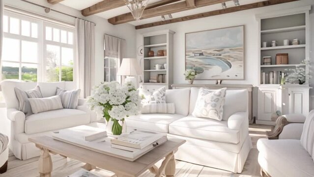 Coastal cottage sitting room, white living room interior design and country house home decor, sofa and lounge furniture, English countryside style