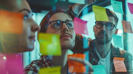Professional young business team engaged in a brainstorming session, using colorful sticky notes on a glass wall.