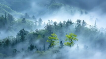 Wiosną, widok na mglistą puszcze wypełnioną licznymi drzewami. - obrazy, fototapety, plakaty