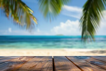 Wooden table with blurred bokeh light seascape and palm leaves at tropical beach background