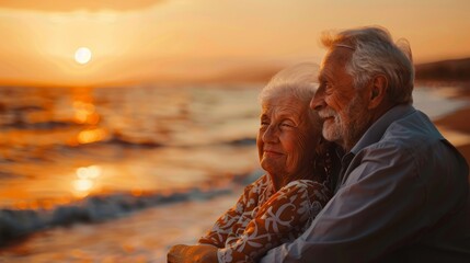 Portrait of happy senior couple hugging and looking at each other while sitting on the beach at sunset
