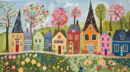 Malarstwo folklorystycznej ulicy wioski z wysokimi wąskimi domkami w rzędzie. Kwitnące kwiaty i zielone drzewa.