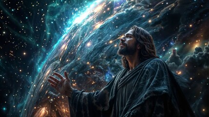 Jesus Christ in space with stars and nebula.
