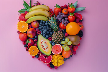 Naklejka na ściany i meble A heart made of fruit and vegetables. The heart is made of a variety of fruits and vegetables including bananas, strawberries, oranges, and kiwis