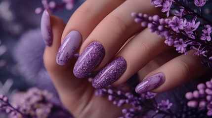 Photos of the design of purple nails on the hands, advertising the color of the nails