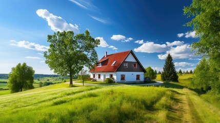 Obraz premium cozy bright farmhouse building illustration charming vintage, modern spacious, welcoming traditional cozy bright farmhouse building