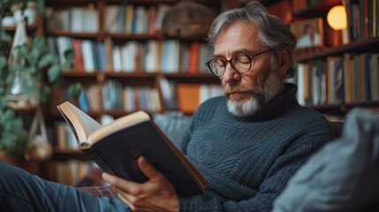 Senior man with glasses reading a book in a cozy home library.
