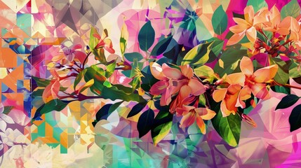 Tapeta przedstawia bukiet kwiatów na tle żywych, energetycznych geometrycznych kolorów. Kwiaty wkomponowane są w abstrakcyjnym stylu, tworząc wrażenie dynamizmu i radości. - obrazy, fototapety, plakaty