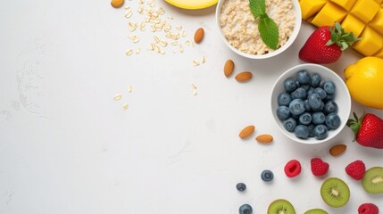 Healthy breakfast flat lay with oatmeal, fresh fruits, and almonds.
