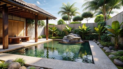 Balinese style deck and natural rock formation swimming pool