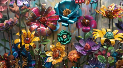 Kolorowe różnorodne kwiaty wiosny zrobione ręcznie z metalu i pomalowane farbą.