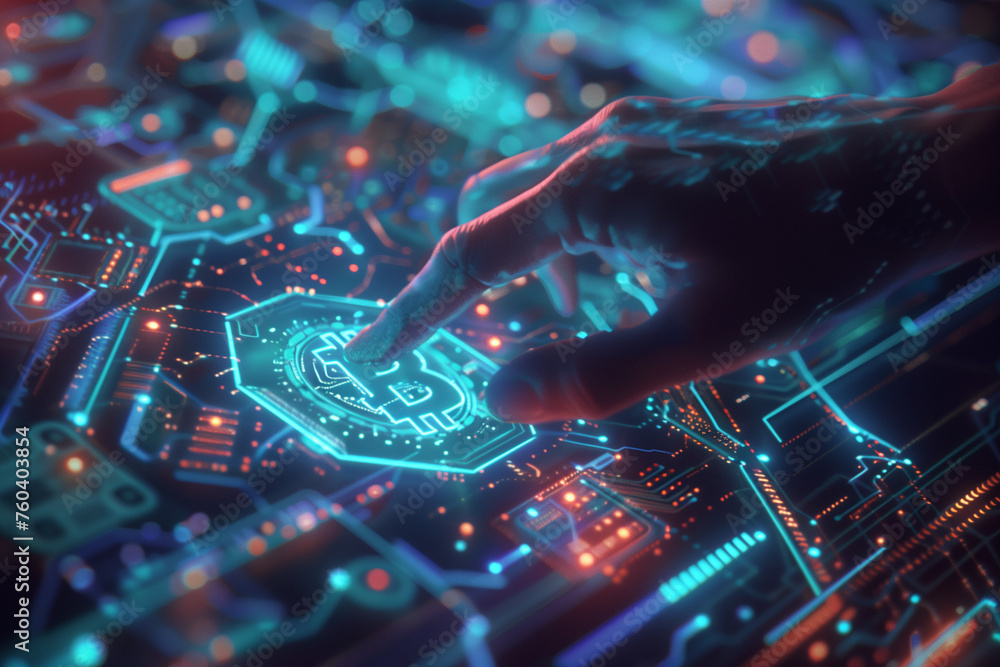 Poster a hand is pointing at a screen with a lot of different symbols and numbers. concept of complexity an