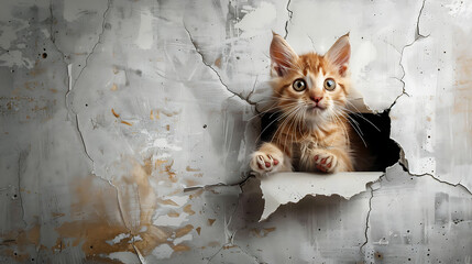 cute cat coming out of a hole in the wall