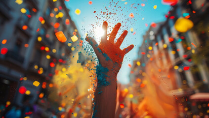 Colorful hands raised in the air at a holi festival - obrazy, fototapety, plakaty