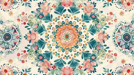 Kolorowy wzór mandali z różnymi kwiatami wiosennymi - obrazy, fototapety, plakaty