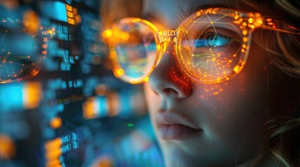 Close-up of a person's eyes with digital data overlay on eyeglasses.