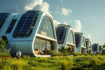 A row of white houses with solar panels on the roof. The houses are all different shapes and sizes, but they all have a similar design. The grass around the houses is lush and green - obrazy, fototapety, plakaty