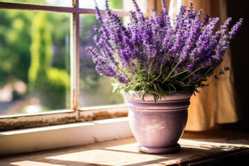 Lavender flowers on the window in a pot