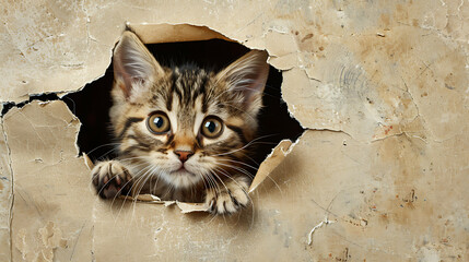 cute cat coming out of a hole in the wall