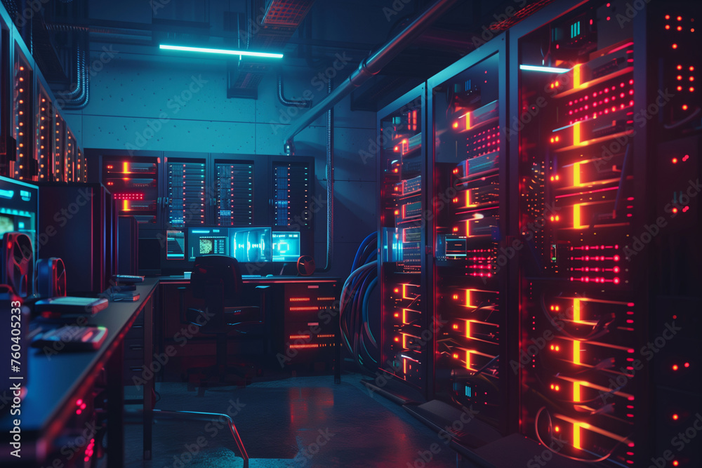 Poster a computer room with many servers and a computer on a desk. the room is dimly lit and the servers ar