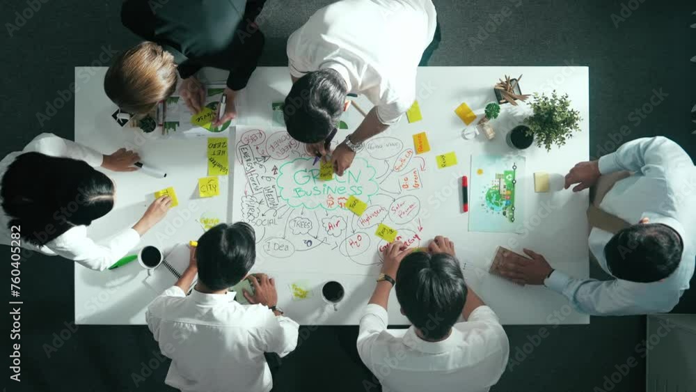 Poster top view of professional business team working together to brainstorm environmental idea by using mi