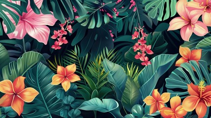Storczyki, palmiarnia i filodendrony na czarnym tle. Wysokiej jakości obraz, na którym widać detale liści i kwiatuszków.