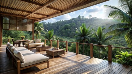 Balinese style timber deck overlooking the jungle