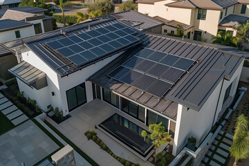 A row of houses with solar panels on the roofs. The houses are all white and have black trim. The solar panels are evenly spaced and cover the entire roof of each house. Scene is one of sustainability