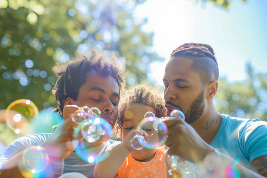 A man and a child are sitting on the grass, blowing bubbles. The scene is joyful and lighthearted, with the bubbles adding a playful touch to the moment