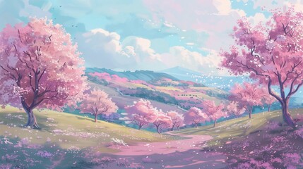Malowidło przedstawiające różowe drzewa rosnące na stoku, w delikatnych pastelowych kolorach. Idealne odzwierciedlenie wiosny i natury.