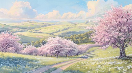 Na obrazie przedstawiona jest malownicza ścieżka wiejska wiosną, otoczona drzewami w pełnym rozkwicie. Jasno fioletowe liście i delikatne kwiaty tworzą urokliwy krajobraz. - obrazy, fototapety, plakaty