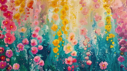 Artystyczny obraz, przedstawia kolorowe kwiaty na intensywnie niebieskim tle. Kwiaty są malowane techniką wylewania farb akrylowych, co tworzy interesujący efekt.