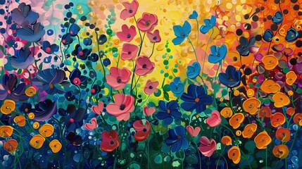 Na obrazie widoczne są kolorowe kwiaty, które żywo prezentują kontrastujące kolory i delikatne ruchy. Technika wylewania akrylowej farby