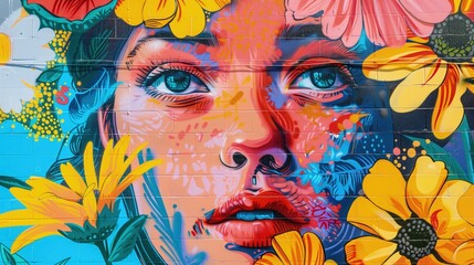Mural przedstawia twarz kobiety z kwiatami we włosach. Sztuka uliczna ożywiająca ulice w duchu powitania wiosny - obrazy, fototapety, plakaty