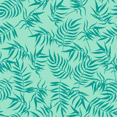 Fototapeta na wymiar Tropical palm leaf seamless pattern. Trendy summer texture, fresh palm leaves print on green background. Vector pattern for fabric, wrapping paper, decor element, wallpapers, natural product cover