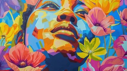 Portret czarnoskórej kobiety otoczony kwiatami, który symbolizuje wiosnę. Kobieta ma wyrazistą twarz, a kwiaty dodają delikatności i koloru całości. - obrazy, fototapety, plakaty