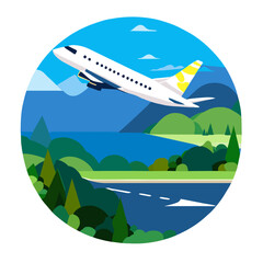 Naklejka premium An airplane soars through the sky, leaving a trail of clouds in its wake as it passes over a lush green forest.