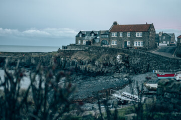 A seaside village at dusk in Northumberland, England