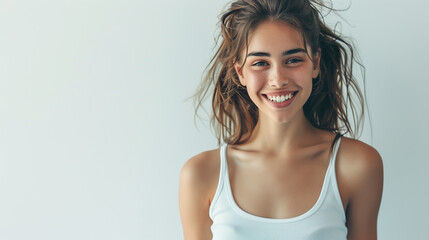 Fototapeta premium Beautiful young sexy caucasian woman with a fashion hairstyle and subtle smile, wearing a white sleeveless top, exuding a sophisticated charm.