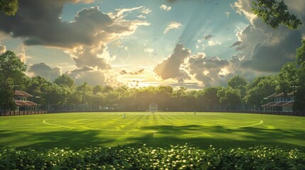 View of sports field with grass and sunlight with clouds
