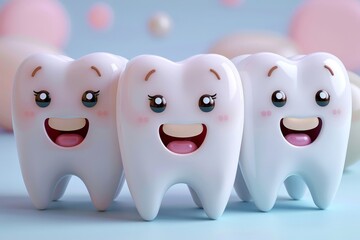 Oral health concept with happy 3d tooth characters
