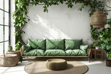 Green sofa in white living room with ivy and plants